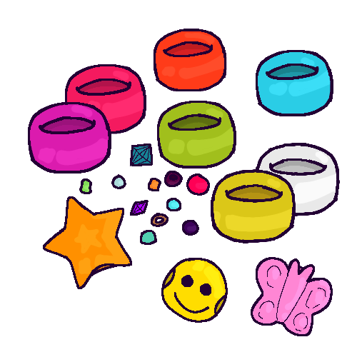 Drawing of several plastic beads in various colors. There are several barrel shaped pony beads in the back, some small seed beads in various shapes, an orange star, a yellow smiley face, and a pink butterfly.